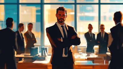 An authoritative figure making a decision in a high-pressure situation, with colleagues looking on in a modern office