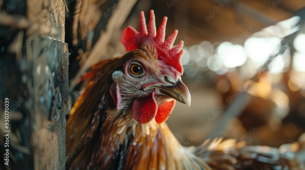 Poster a close-up shot of a chicken's head, focusing on its bright red comb
