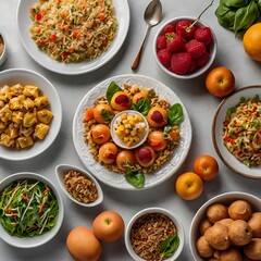 Food day decoration of meal, vegetables and fruits. Creative concept for healthy foods, fresh vegetables, fruit, with plate, food day celebration with attractive healthy food in white background