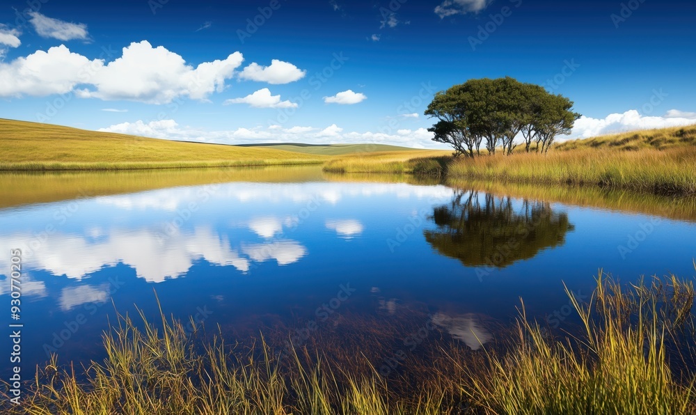 Poster a calm lake with a tree in the middle. the sky is blue and there are some clouds