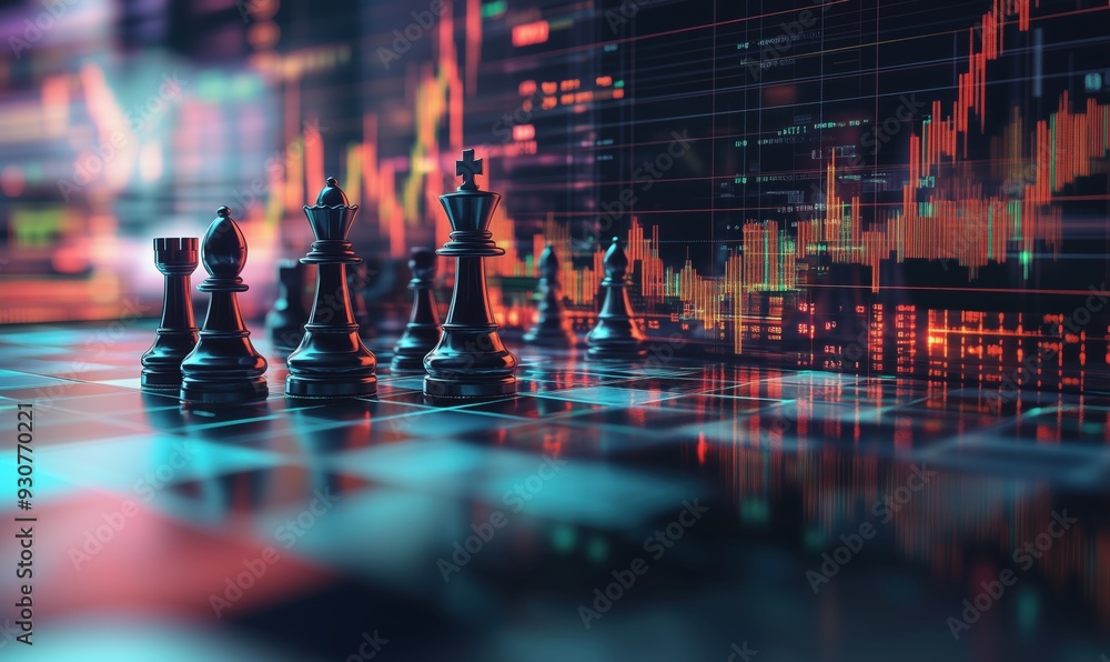 Poster a chess board with a few pieces on it and a background of numbers and graphs. scene is one of comple