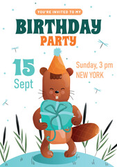 Childrens birthday invitation with a cute beaver in a festive hat holding a blue gifton a white background. Vector