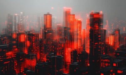 Obraz premium A cityscape with buildings lit up in red. The city appears to be in the middle of a storm