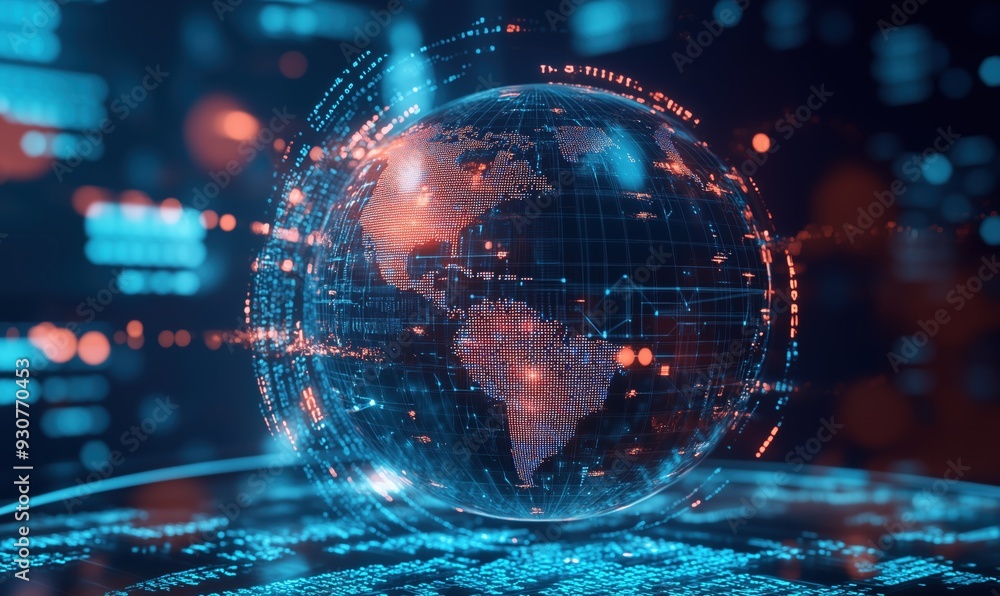 Poster a computer generated image of a globe with a red and blue color scheme
