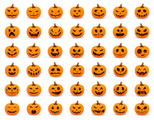 Halloween Pumpkin. Big Set pumpkin on white background. The main symbol of the Happy Halloween holiday. Orange pumpkin with smile. Vector illustration.