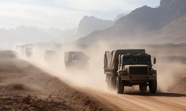 A convoy of military vehicles is driving through a dusty desert. The vehicles are covered in dirt and dust, and the road is rough and bumpy. The scene is tense and serious
