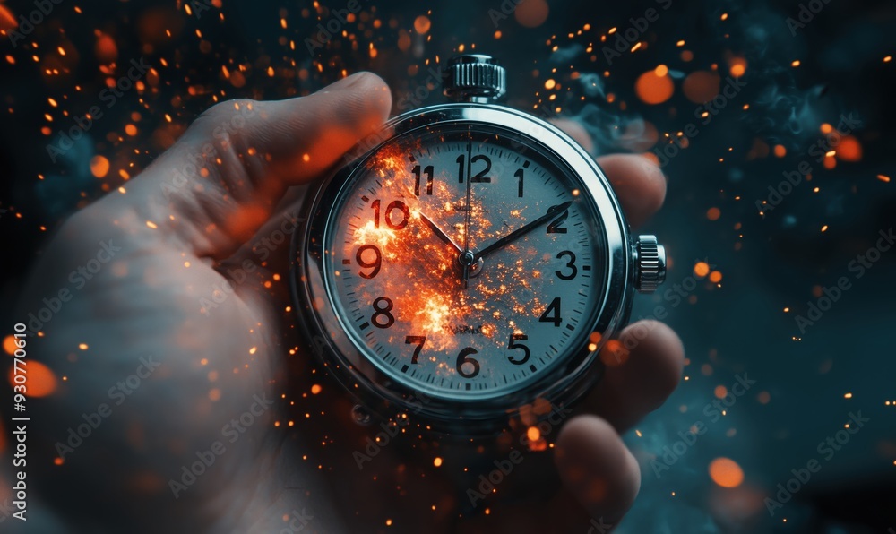 Poster a hand holding a clock with the hands at the numbers 3 and 9. the clock is surrounded by sparks, giv
