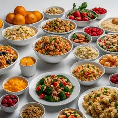 Food day decoration of meal, vegetables and fruits. Creative concept for healthy foods, fresh vegetables, fruit, with plate, food day celebration with attractive healthy food in white background