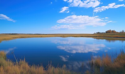 Obraz premium A large body of water with a few trees in the background. The sky is clear and blue
