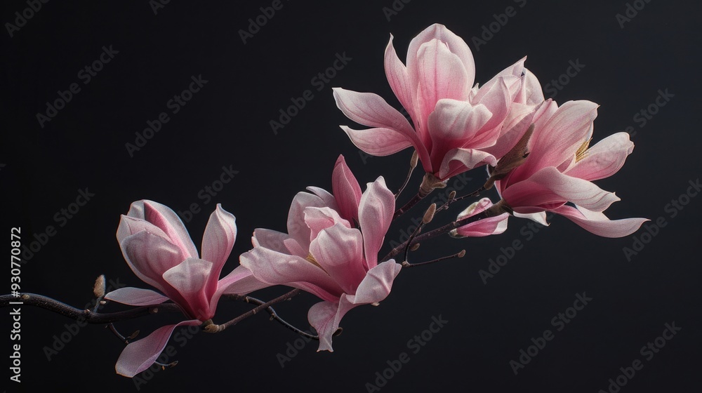 Poster a detailed view of a single pink flower sitting on a branch, perfect for use in designs related to n