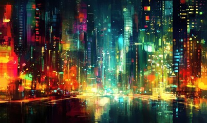 Obraz premium A painting of a city at night with bright lights and a reflection of the city in the water