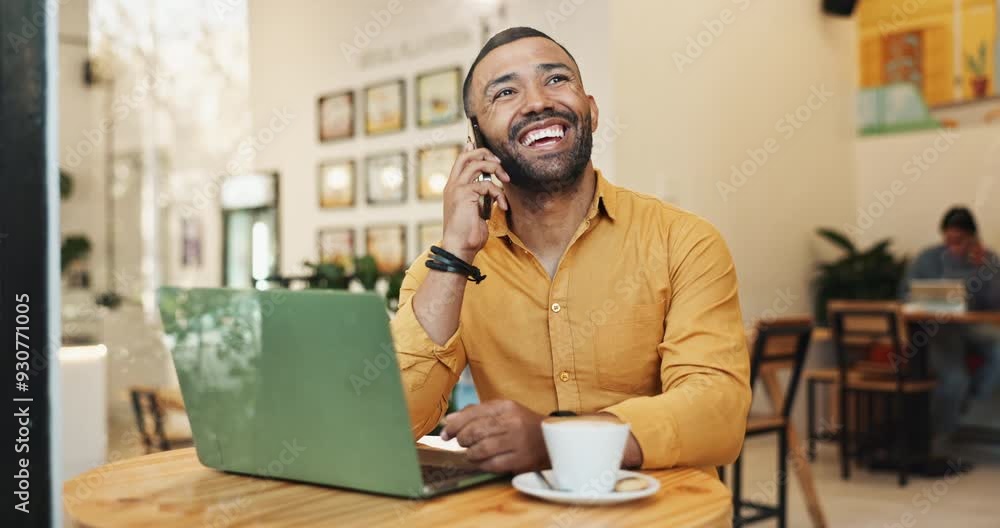 Poster man, phone call and remote work on laptop in cafe, mobile and business conversation for startup nego