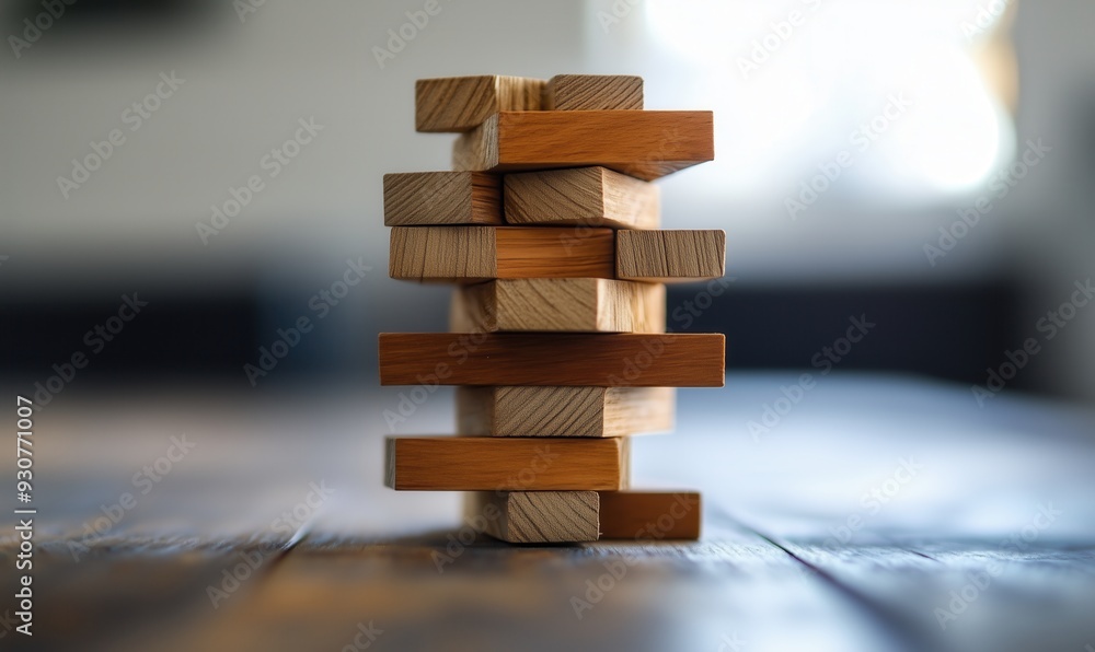 Poster a stack of wooden blocks on a table. the blocks are stacked in a way that they are leaning on each o