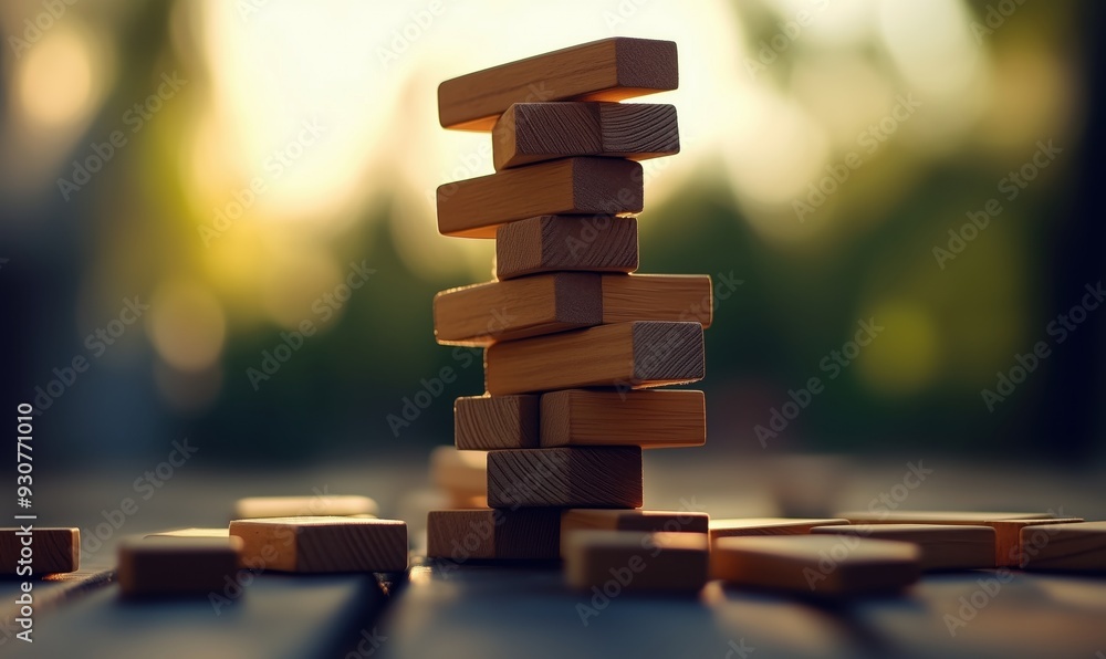 Poster a stack of wooden blocks with one block missing. the blocks are arranged in a pyramid shape, with th
