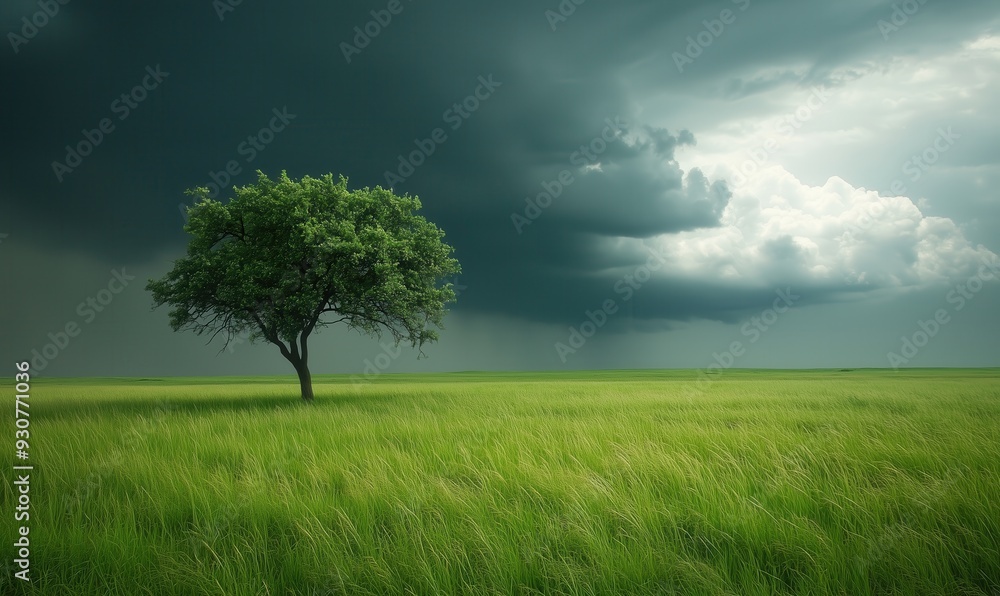 Poster a tree stands in a field of grass, with a storm in the distance. the sky is dark and cloudy, and the