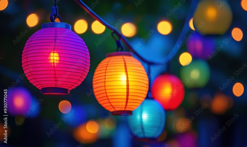 Poster a string of colorful lanterns hanging from a tree. the lanterns are of different colors and sizes, c