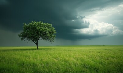 Obraz premium A tree stands in a field of grass, with a storm in the distance. The sky is dark and cloudy, and the mood of the image is somber and foreboding