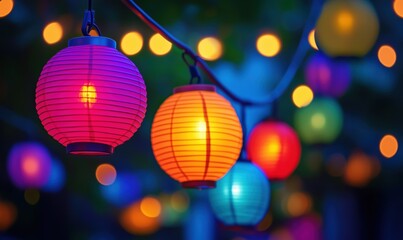 A string of colorful lanterns hanging from a tree. The lanterns are of different colors and sizes,...