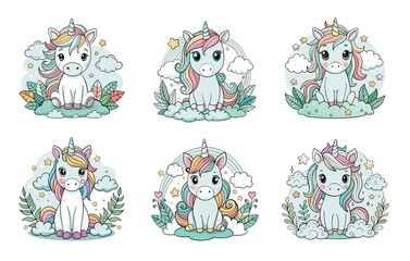 Fototapeta premium sticker set, funny unicorn sticker set with cute and happy designs
