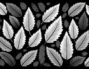 Fototapeta premium Black and White Leaf Pattern Simple White Leaf Silhouettes on Black Background with Stark Contrast
