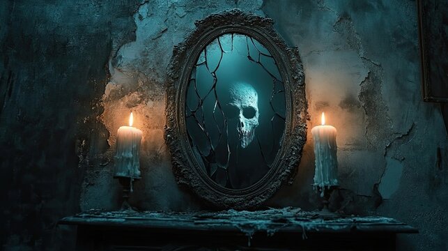A mirror with a skull in it and two candles lit behind it. Scene is eerie and spooky