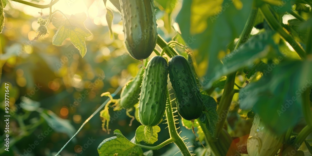 Canvas Prints Ripe cucumbers cultivated on a vine in a greenhouse