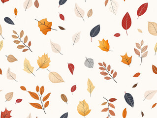 Obraz premium An autumn-themed seamless pattern featuring various leaves in shades of orange, red, and yellow scattered on a light background. Ideal for seasonal and nature-related designs.
