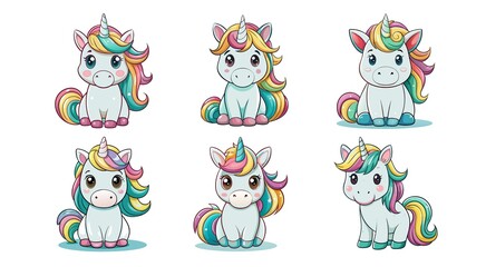 sticker set, charming unicorn sticker pack with funny expressions