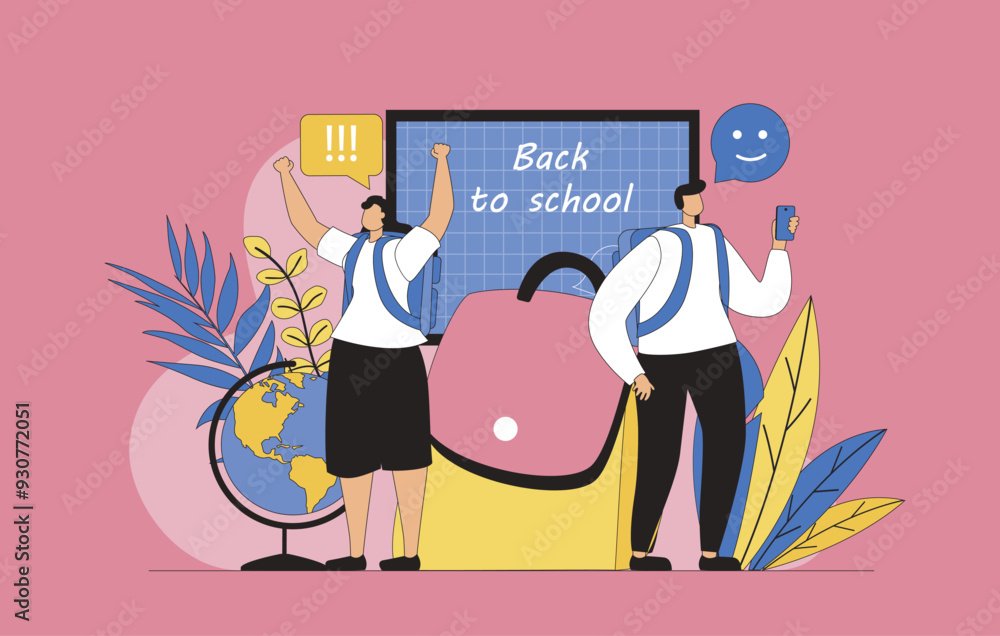 Aufkleber back to school concept with modern flat design for web. schoolgirl and schoolboy with backpack going