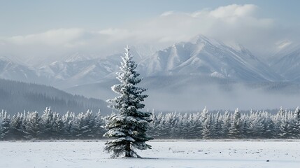 A serene winter landscape featuring a snow-covered tree and majestic mountains in the background.