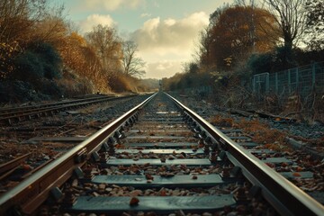 Fototapeta premium A rustic train track covered in autumn leaves, ideal for use in scenic or nostalgic contexts