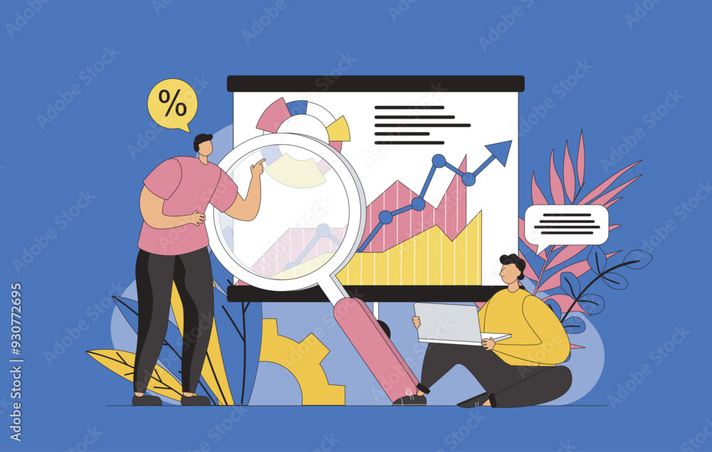 Poster Big data analysis concept with modern flat design for web. Men analyzing statistics, researches graphs and databases, making reports in teamwork, planning and optimizating work. Vector illustration.