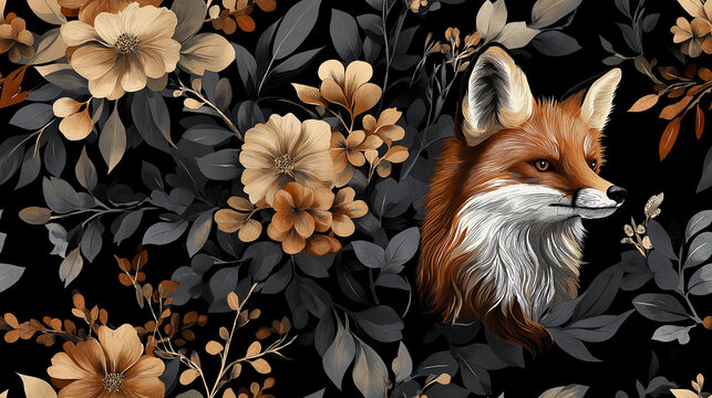 A sophisticated fox nestled among golden and grey flowers against a dark background creates a seamless pattern. This design is ideal for elegant, nature-inspired themes.