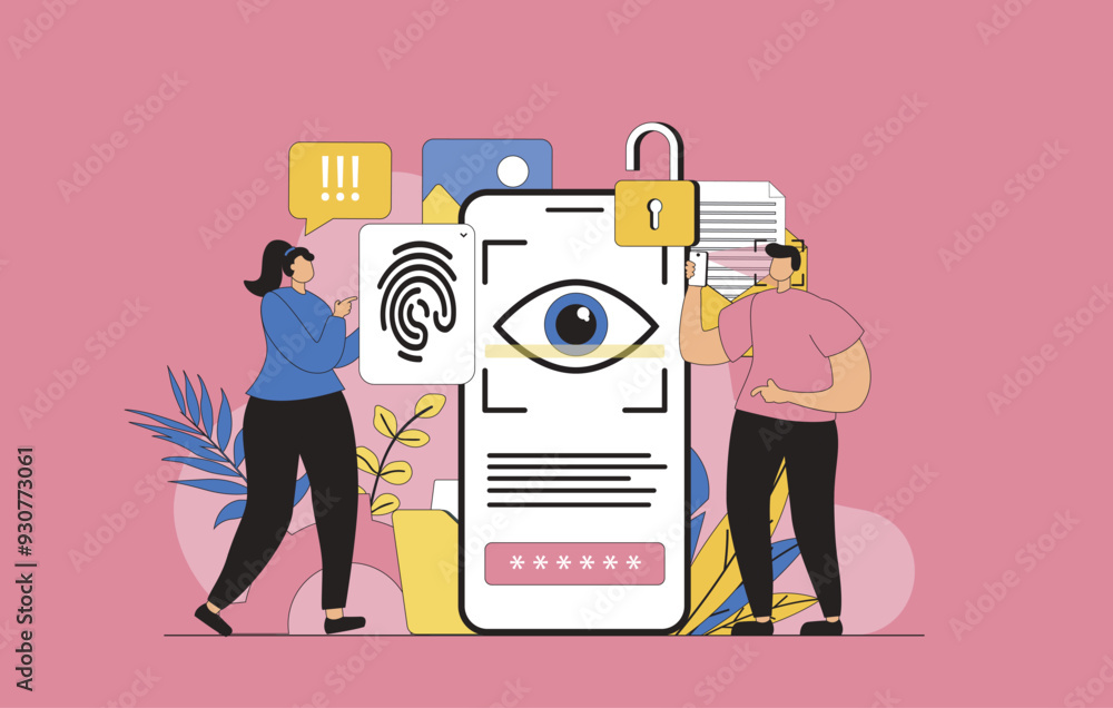 Poster Biometric access control concept with modern flat design for web. Woman and man unlocking mobile phone using fingerprint scanner and eye recognition. Personal data protection. Vector illustration.
