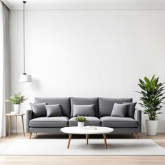 gray sofa in a white living room interior