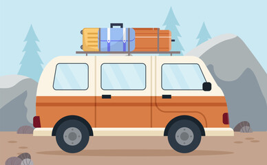 Obraz premium Travel by car. Van with luggage and baggage. Active lifestyle, hiking and camping. Trip and tourism in forest, mountains. Auto at road. Flat vector illustration isolated on white background