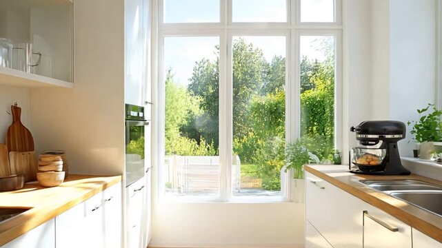 A light Scandinavian kitchen with minimalist white furniture and natural wood countertops bathed in soft daylight from large windows creating an open and airy feel
