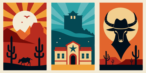 Obraz premium A trio of posters showcasing a cowboy, a house, and a bull