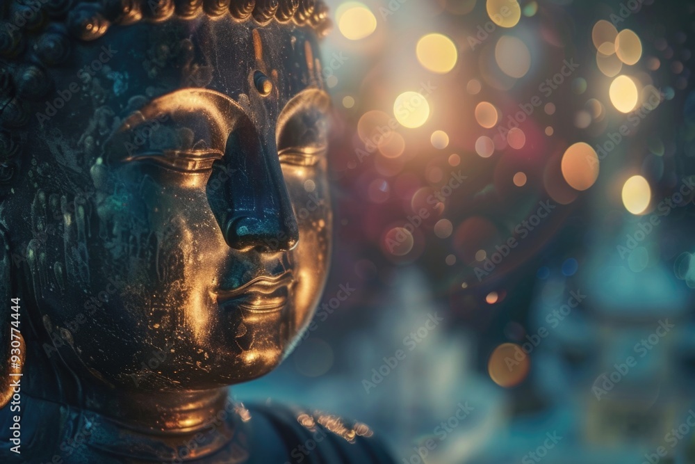 Poster A detailed view of a statue with bright lights shining from behind, suitable for use in artistic or creative compositions