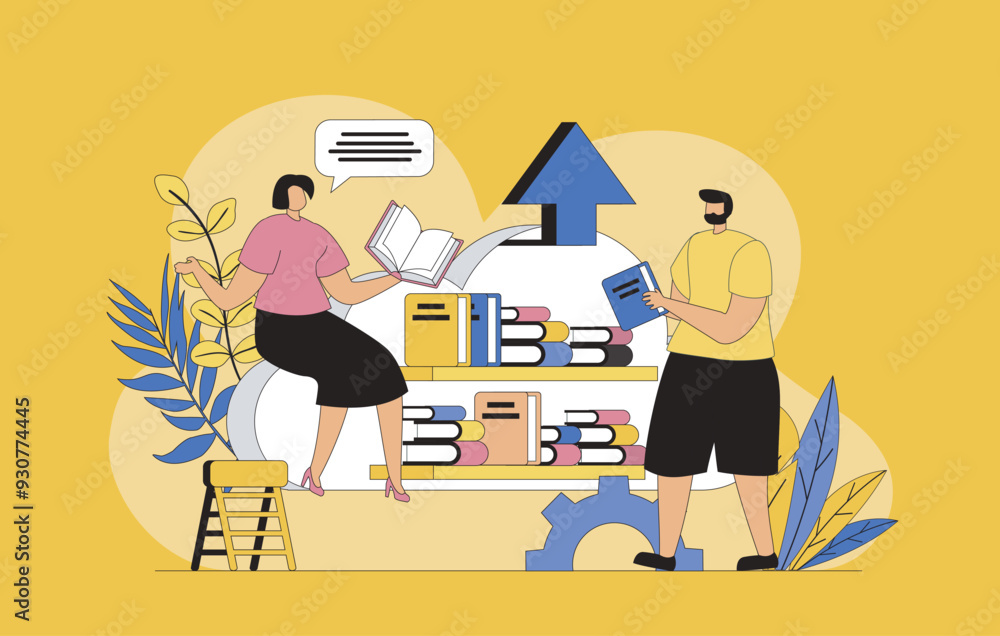 Canvas Prints cloud library concept with modern flat design for web. woman and man reading and sharing digital boo