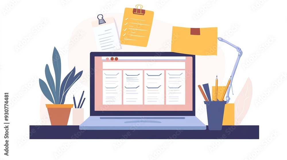 Poster an organized workspace with a laptop, task lists, and productivity tools arranged neatly, highlighti