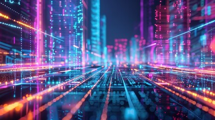 Naklejka premium Futuristic Cityscape: Neon Lights and Digital Architecture