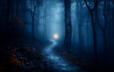 Fototapeta premium A mysterious forest path illuminated by a distant light in a foggy, blue-toned atmosphere.