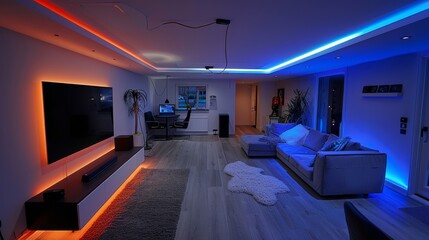 A contemporary basement haven accented by LED strips, boasting a cozy sofa and a large flat-screen TV for watching