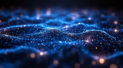 Abstract network background image with bright glowing nodes and lines on dark background creating waves of technology, data and digital communication. Web science and technology.