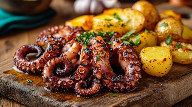 Polvo &agrave; Lagareiro (Octopus in Lagareiro): a Portuguese dish made from tender grilled octopus with beautiful rounded tentacles. Served with crispy new potatoes and garnished parsley.