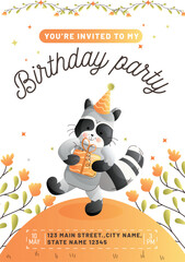 Childrens birthday invitation with a cute raccoon carrying a festive gift on a white background. Vector