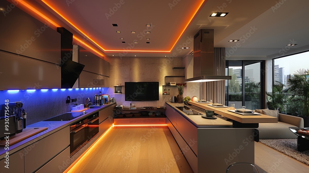 Poster design a modern kitchen with a built-in tv and led strips installed along the edges of the counterto