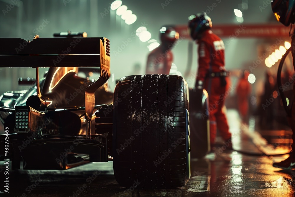 Poster a close-up view of a high-performance racing car on a slick, wet surface