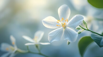 Fototapeta premium Close-up of delicate white jasmine flower against pure white background.